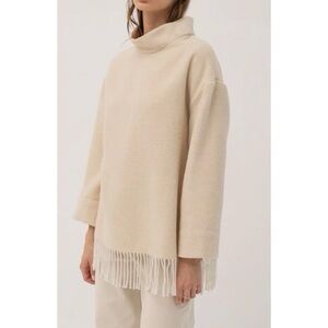 Mus & Bombon Caima Cowl Neck Sweater with Fringe Hem Detail Beige
